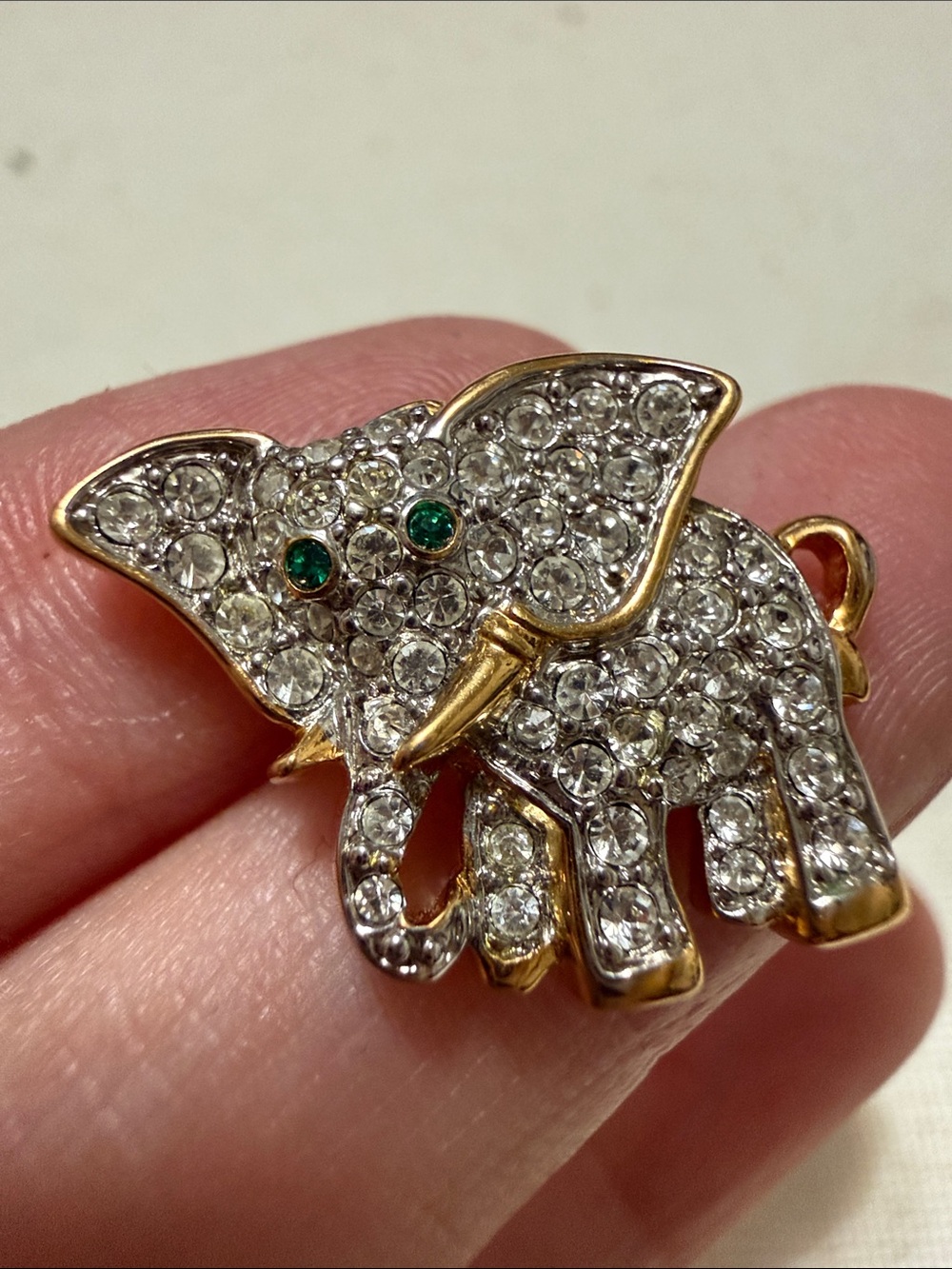 Swarovski Rhinestone Elephant Pin Brooch with Emerald Eyes